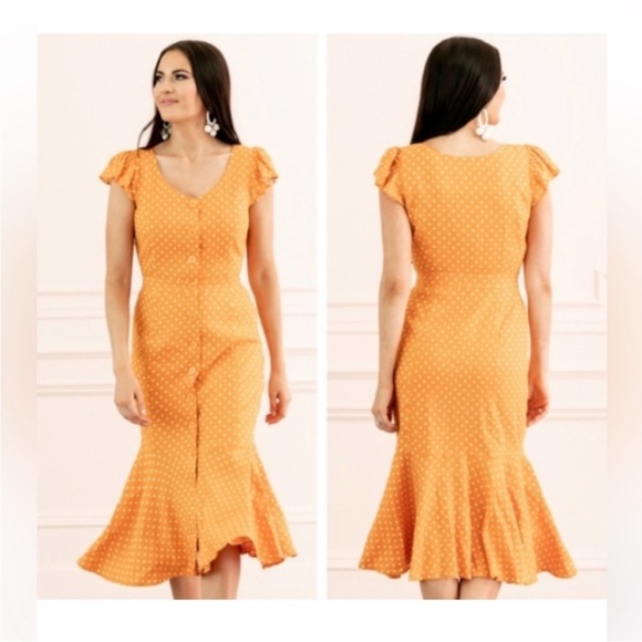 Rachel Parcell Linen Blend Polka Dot Button Front Midi Dress Orange Citrus M - Picture 2 of 16